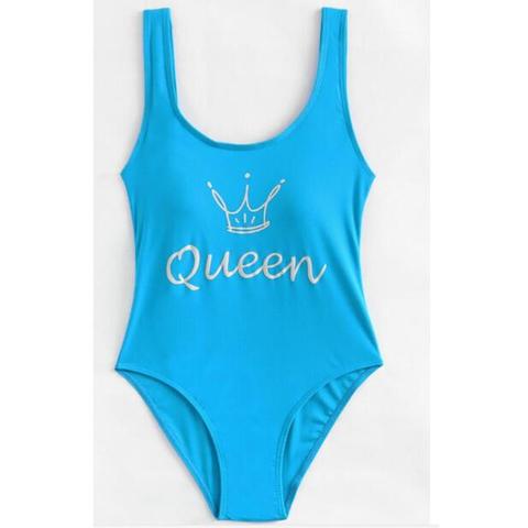 Letters "queen " Print Blue One Piece Bikini Show Thin Vest