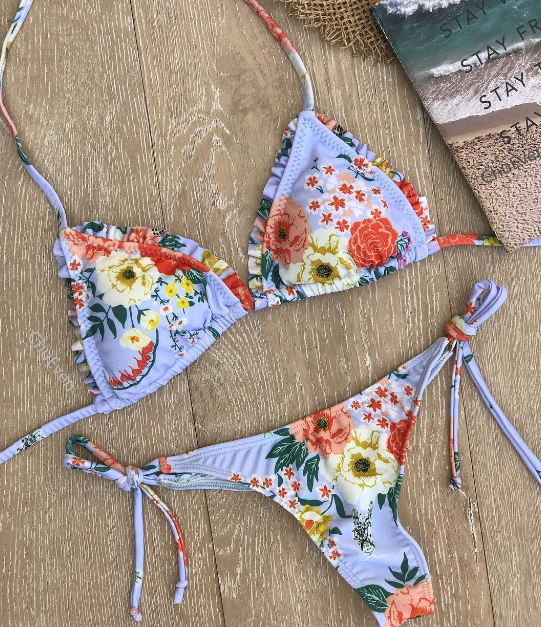 Two-piece Bikini Triangle Top And Tie-side Bottom With Floral Print
