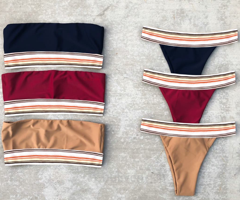 Stripe Knit Female Swimsuit Bra With Bikinis