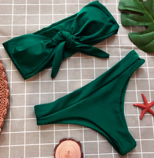 Pure Color Bows Green Two Piece Bikinis