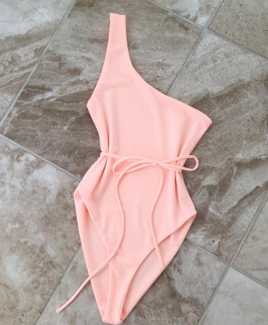 Light Pink One-shoulder One-piece Swimsuit Featuring Tie Accent Belt