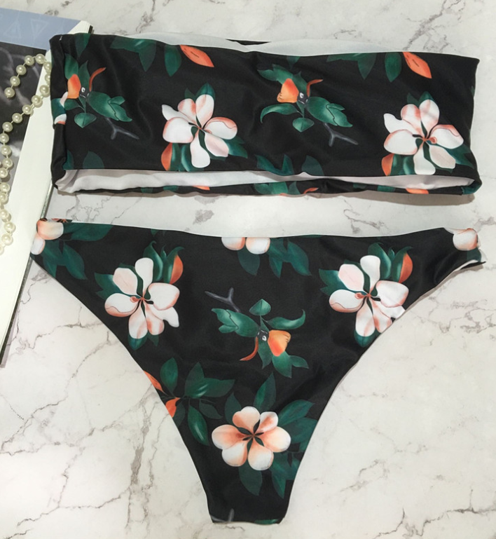 Two Piece Print Floral Swimwear Bathsuit Bikinis Black