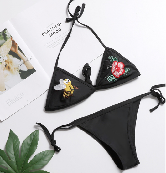 Sexy Embroidery Bee Bikini Lady Black Rose Split Bathing Suit