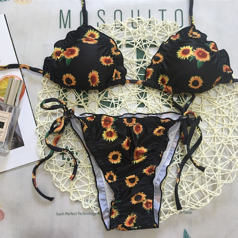 Sunflower Print Bikini Swimsuit Women Feel Flounce Swimwear Belt