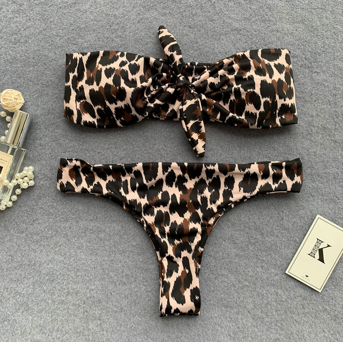 Style Cherry Leopard Print Bikini Front Knot Swimsuit Sexy Swimsuit For Ladies