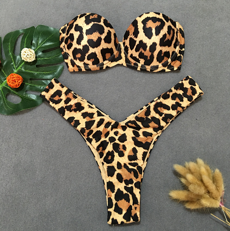 Solid Color Bikini Strap Swimsuit Women's Swimwear Sexy Leopard Print