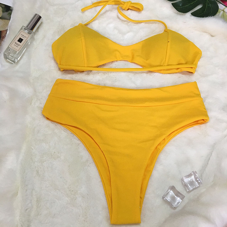 Style High-waisted Bikini Strap Women's Swimwear Plain Cut Swimwear Yellow Split