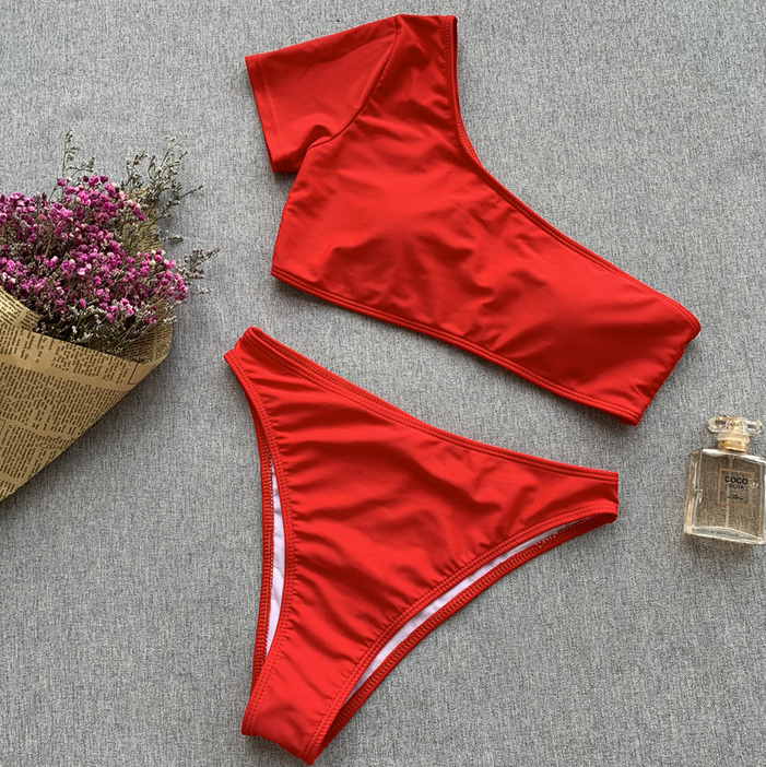 High-waisted Bikini Solid Color Women's Swimsuit Sexy One-shoulder Swimsuit Beach