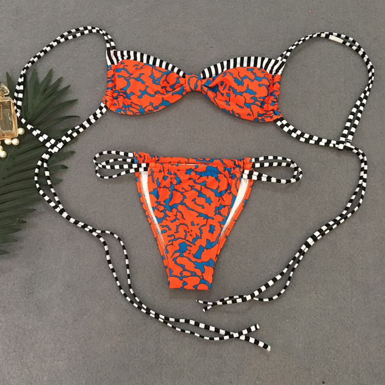 Leopard Print Bikini Strap Women's Swimwear Striped Print Swimwear Bow