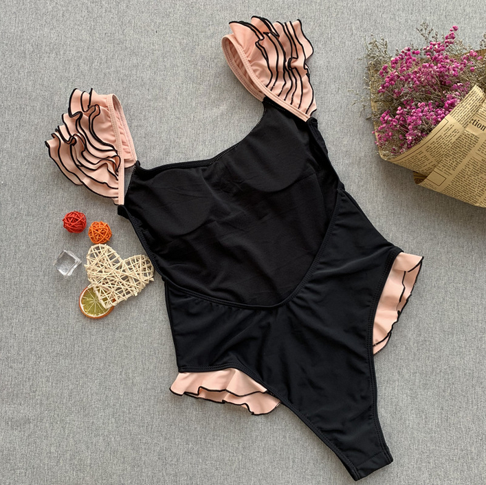 Style One-piece Bikini Solid Color One-piece Swimsuit Women's Lace Swimsuit Flounces