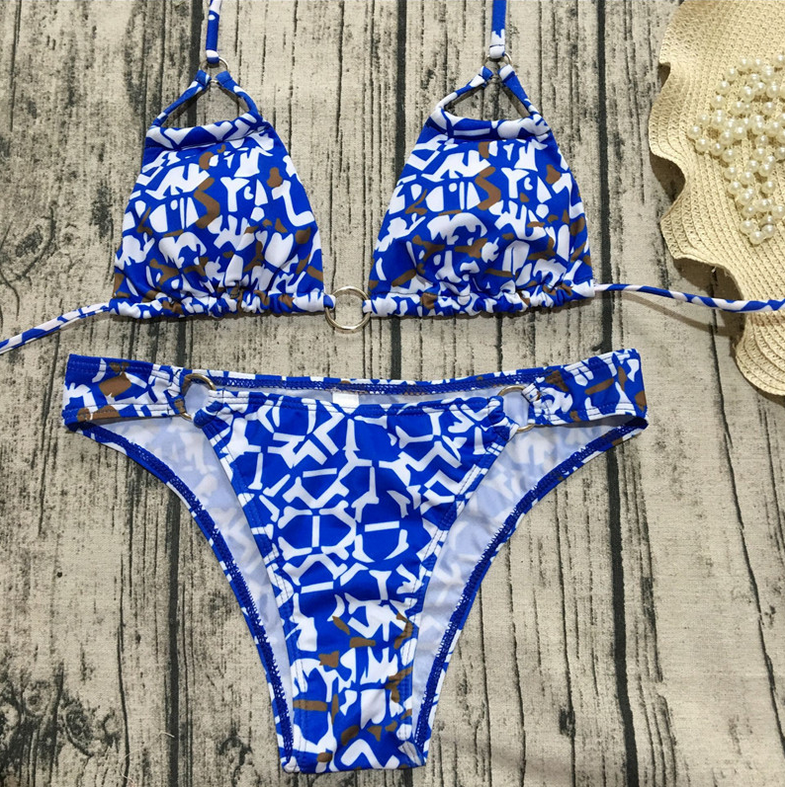 Printed Bikini Strap Swimsuit Ladies Sexy Swimsuit Blue And White