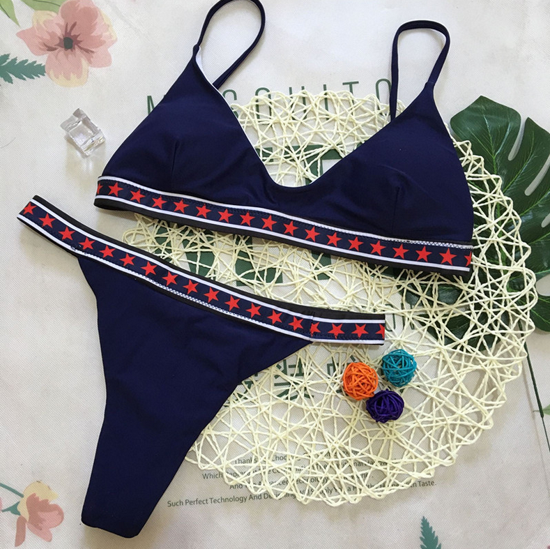 Bikini Solid Color Five-pointed Star Ribbon Stitching Swimsuit Sexy Swimsuit