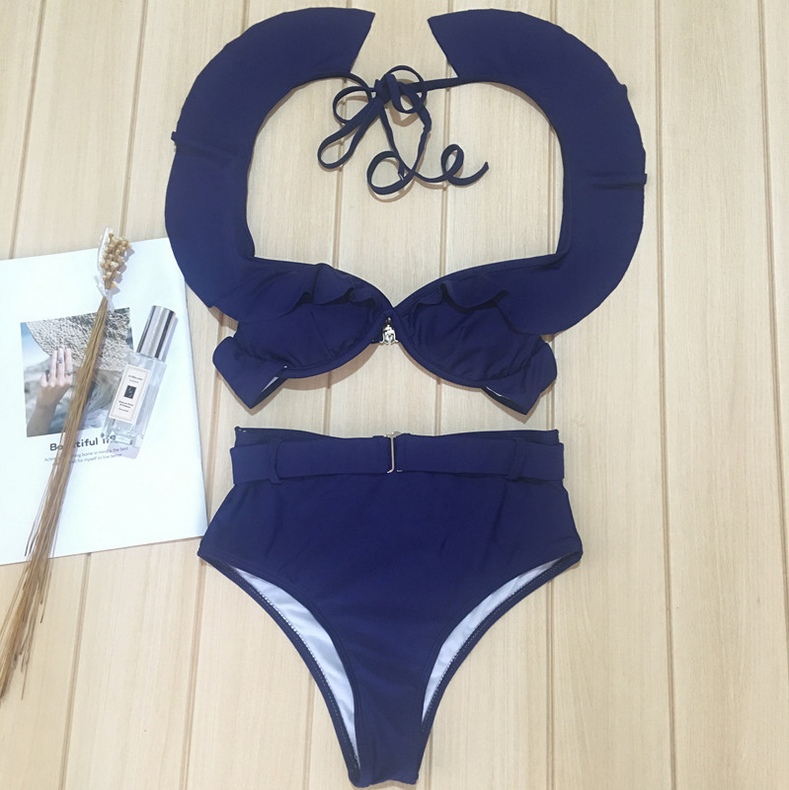 Style Solid Color Bikini Flounce Strap Swimsuit Women's High-waisted Swimsuit Steel Support