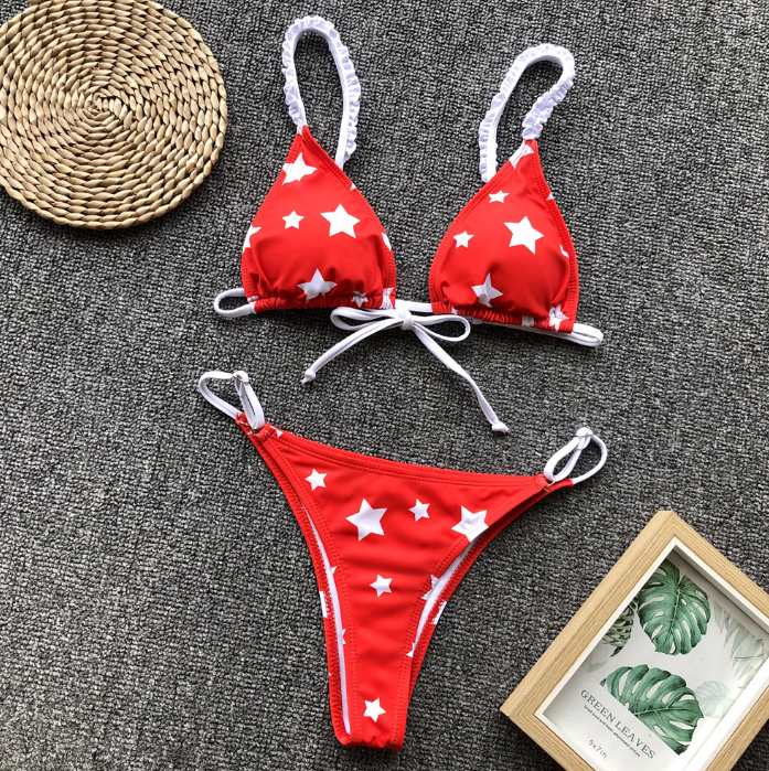 Red And White Stars Print Two Pieces Bikini Set