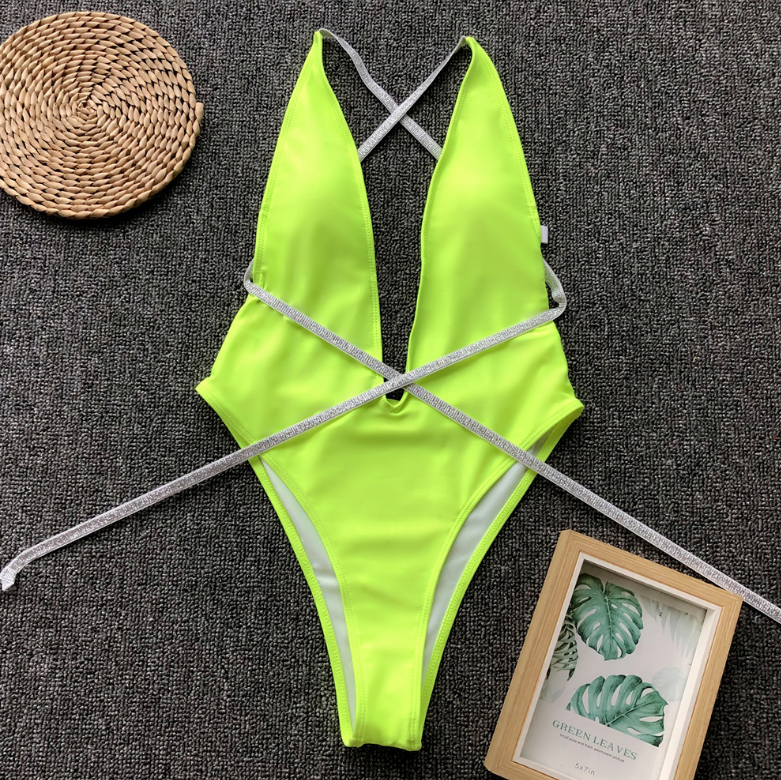 Deep V Open-back Sequins Shoulder Strap Pure Color Bikini