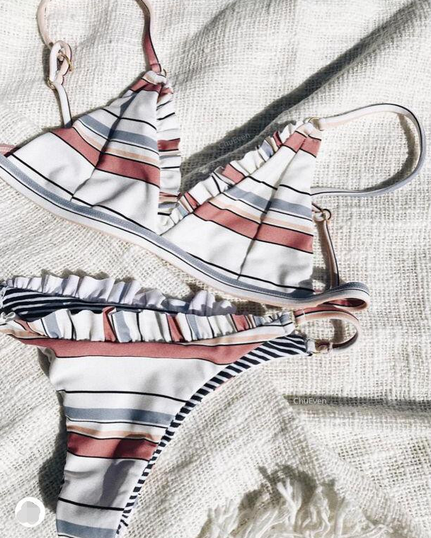 Striped Print Split Triangle Swimsuit