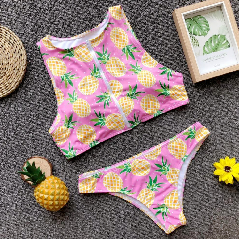 Pineapple, print, zipper, ladies 'bathing suit.