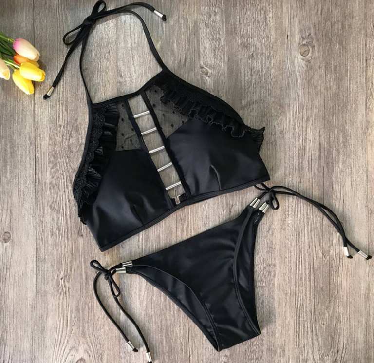 Black Halter Neck Top Two-piece Bikini Set