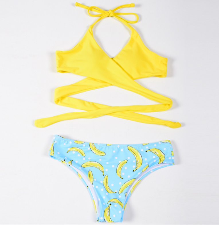 Yellow And Blue Banana Print Two Pieces Bikini Set