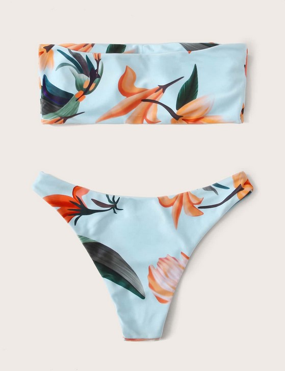 Printed Bra Double Side Split Bikini Swimsuit