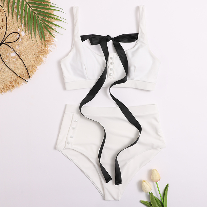 Swimsuit Women's High Waist Split Breastplate Button Sexy Tie With European And American Swimsuit Cross Border Bikini