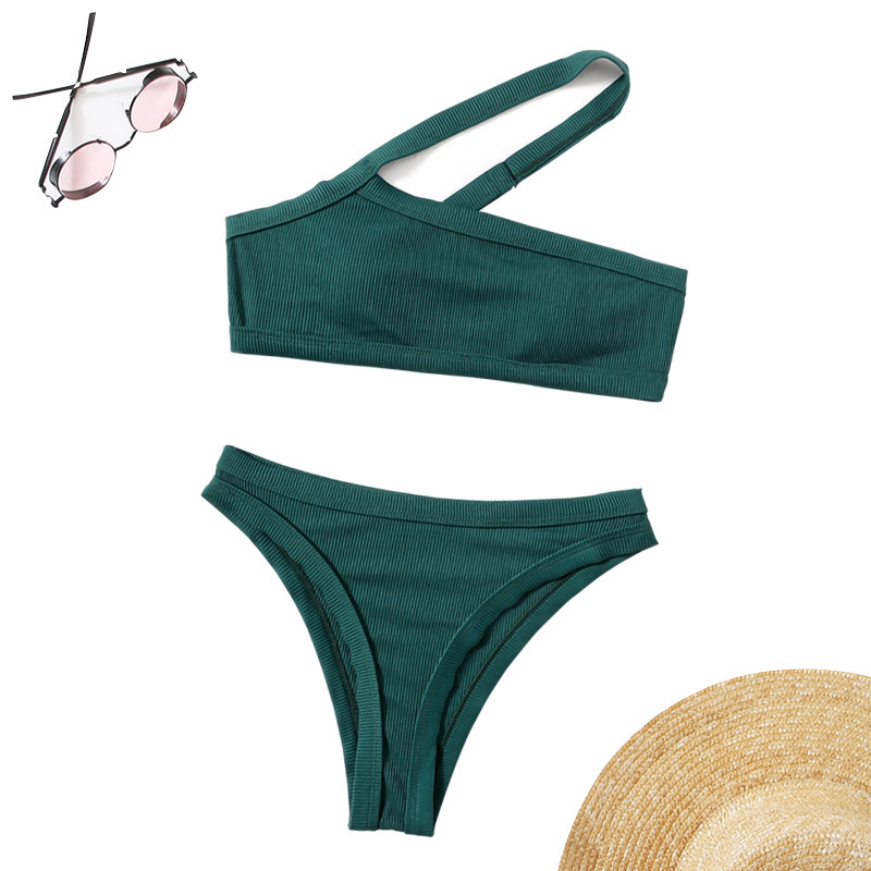 Style Split Swimsuit Solid Color High Waist Sexy Bikini One-shoulder Sling Swimsuit