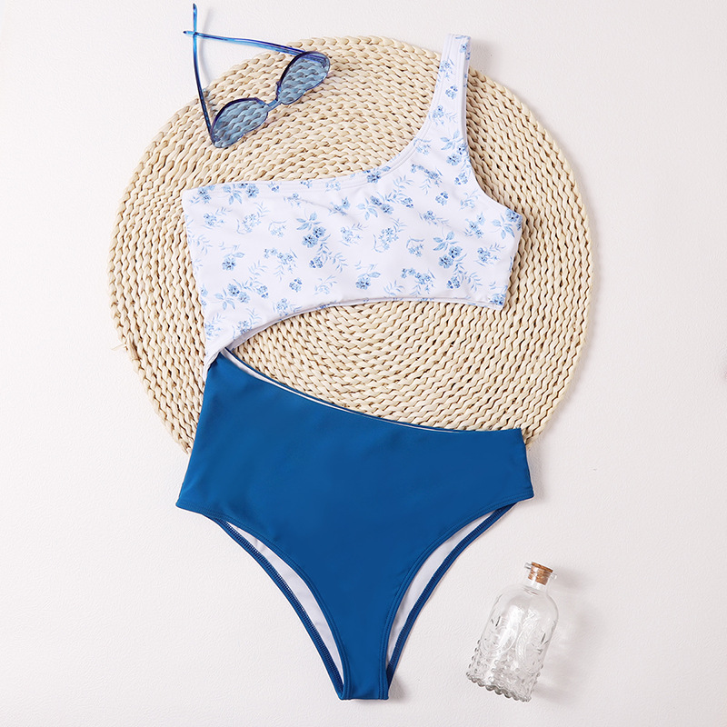 Summer Beach Swimwear Solid Color Printing Stitching One-piece Swimsuit Waist Hollow Ladies Swimwear