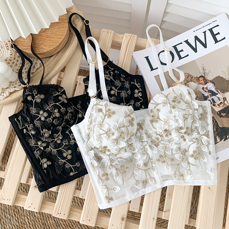 Women's Embroidered Lace Flower Steel Ring Gathered Bra Underwear With Camisole