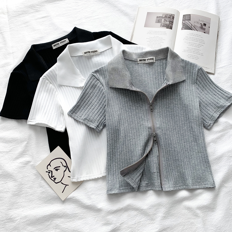 Summer Style Korean Fashion All-match Polo Collar Zipper Design Slim Slim Short-sleeved T-shirt Top
