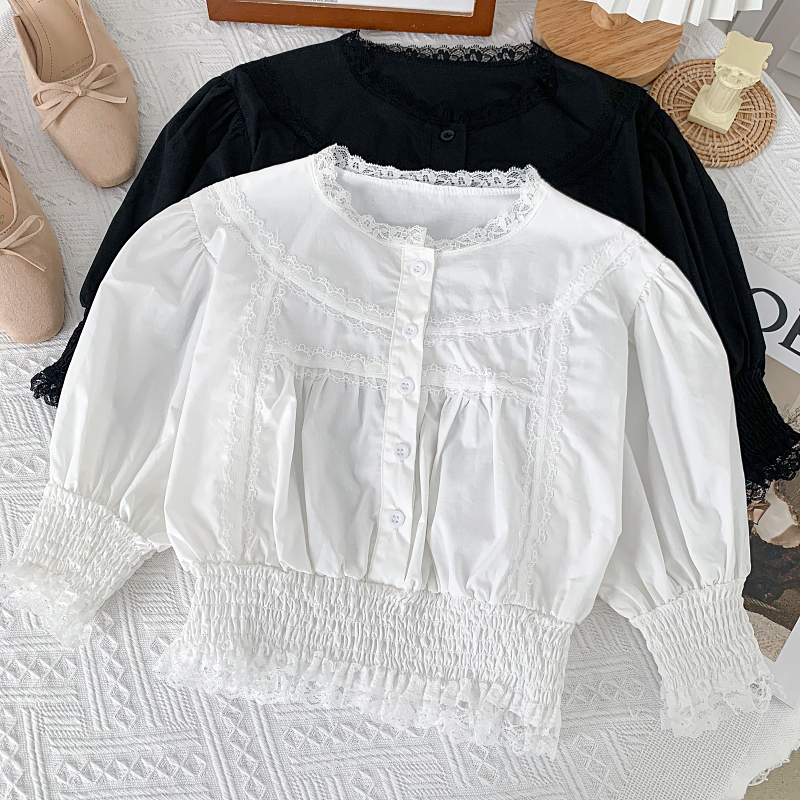 Summer Style All-match Lace Edge Stitching Single-breasted Elastic Waist Short Puff Sleeve Shirt Top