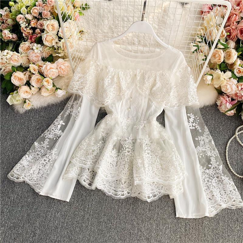 Women's Embroidered Floral Ruffled Flared Sleeve Pullover Lace Top