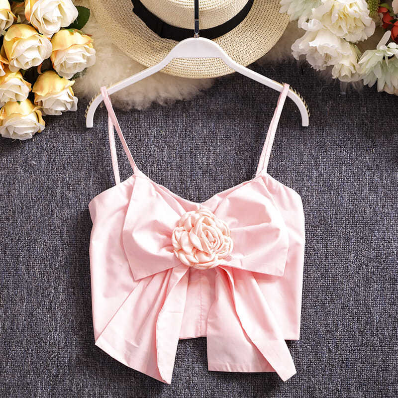 The Bow Three-dimensional Flower Decoration Wrapped Chest Small Sling Short Vest Top