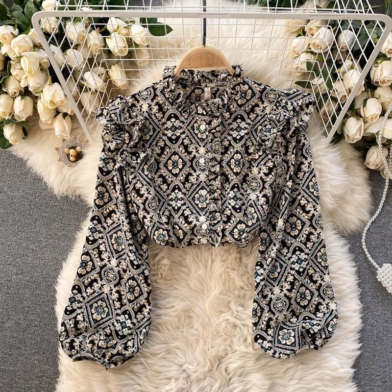 Women Round Neck Puff Sleeve Floral Long-sleeved Blouse