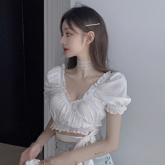 White Lace-up Puff-sleeved Shirt Short-sleeved V-neck Top