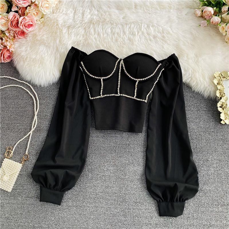 Sexy Diamond-studded Women's Tube Top Shirt Fashion Square Neck Long-sleeved Top