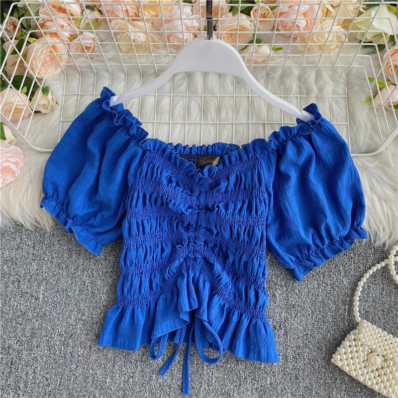 Women's Drawstring Lace Slim-fit Square Neck Pleated Temperament Puff Sleeve Top