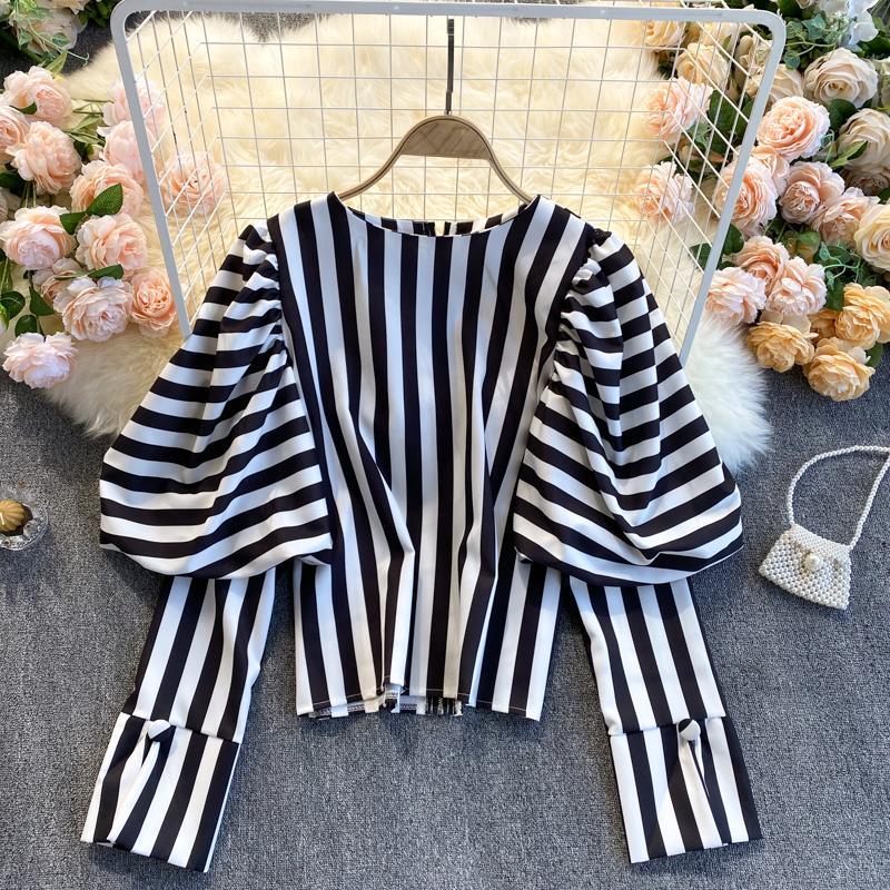 Women's Striped Round Neck Pleated Puff Sleeve High Waist All-match Fashion Top