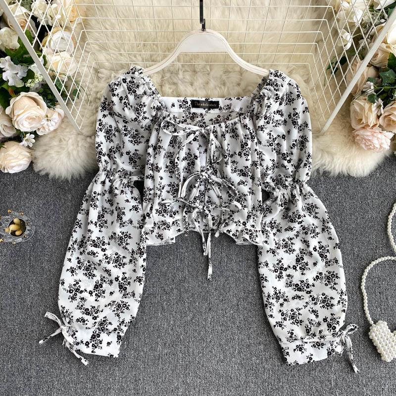 Women's Puff Sleeve Lace-up Square Neck Short Floral Long Sleeve Top