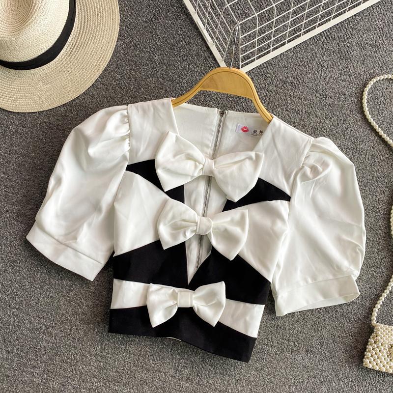 Women's Bow Tie V-neck Contrast Stitching Short Short-sleeved Top