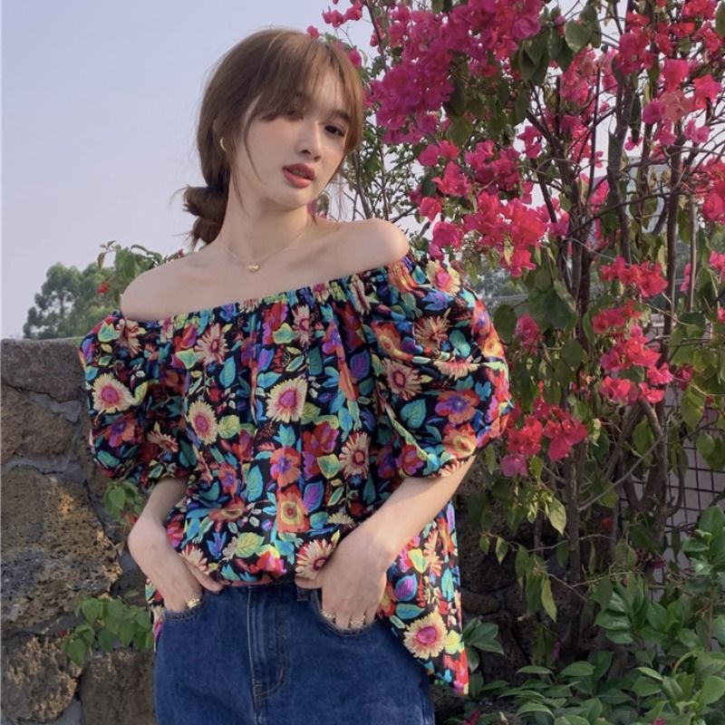 Women's Floral One-word Strapless Bubble Short-sleeved Shirt