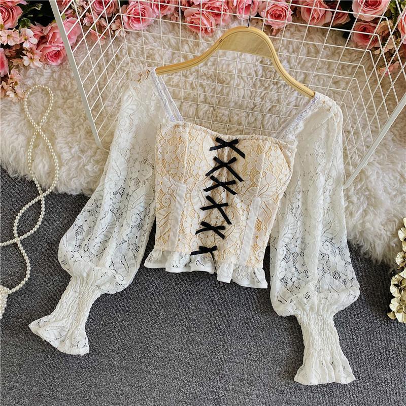 Women's Short Lace Shirt Square Neck Puff Sleeve Top