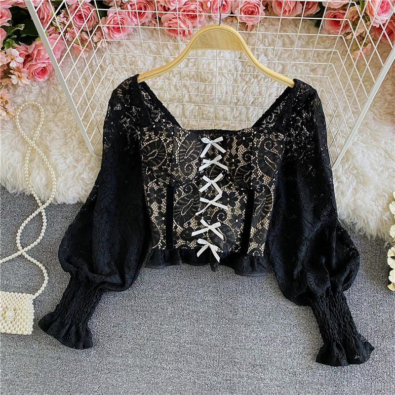 Women’s Square Neck Eyelet Lace Blouse – Puff Sleeve Hollow-Out Button Top