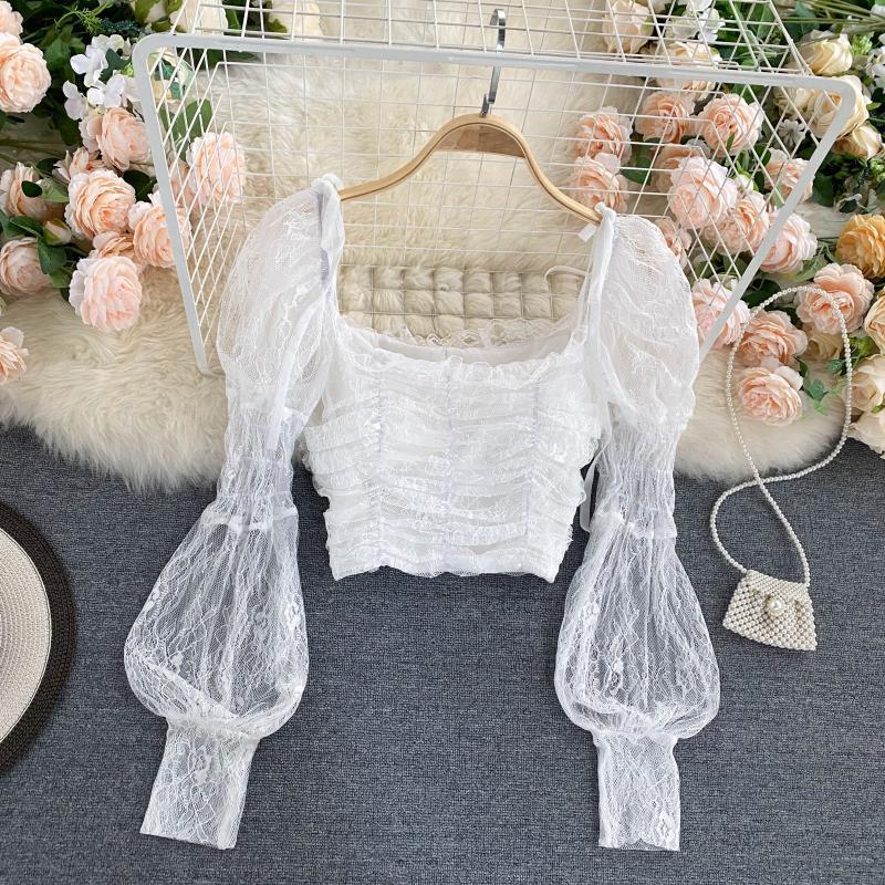 V-neck Women's Puff Sleeve Pleated Slim Short Lace Shirt Long Sleeve Top