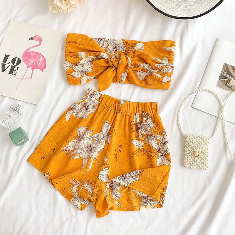 Sexy Tube Top With Chiffon Print Short Knotted Top High Waist Wide Leg Shorts Suit Two-piece