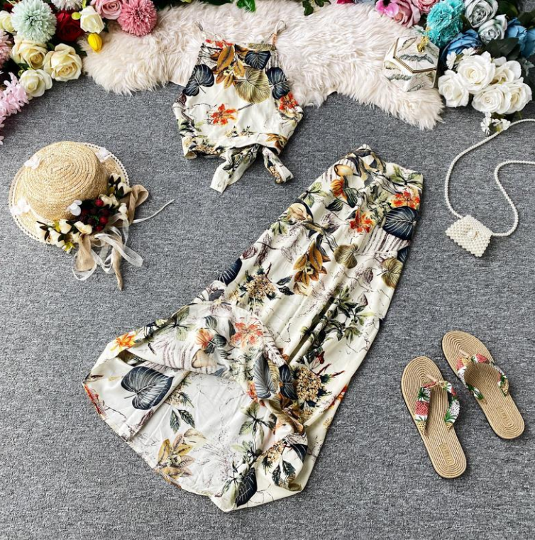 2021 Summer Fashion Print Suspender Vest Top + High Waist Skirt Two Piece Set