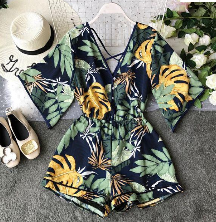 Green Jumpsuit Women's Chiffon Jumpsuit Holiday Bohemian Wide Leg Beach Shorts