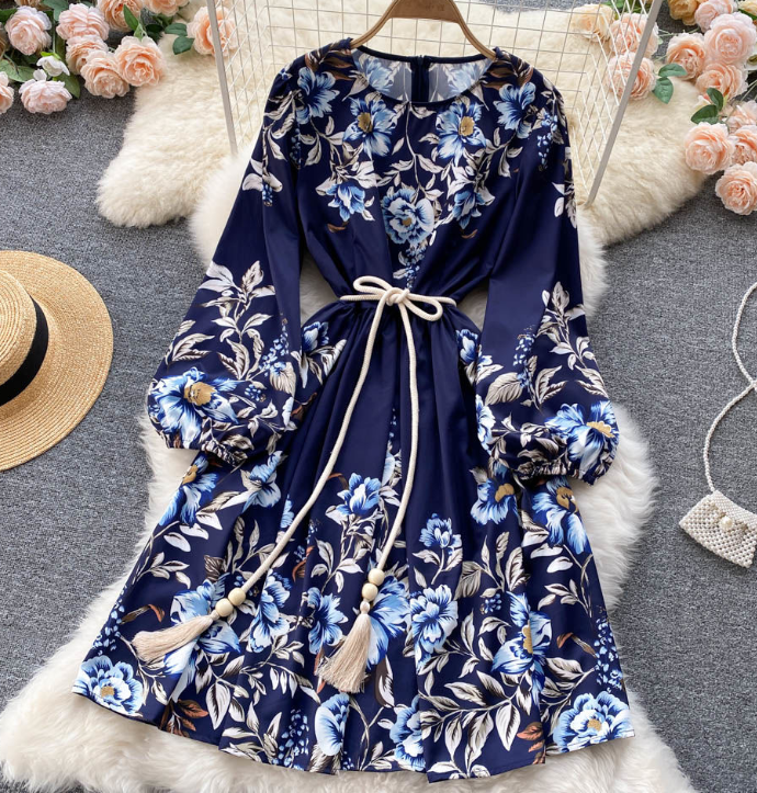 Dinner dress women's  style high sense retro court  style waist and thin temperament fashion printed dress