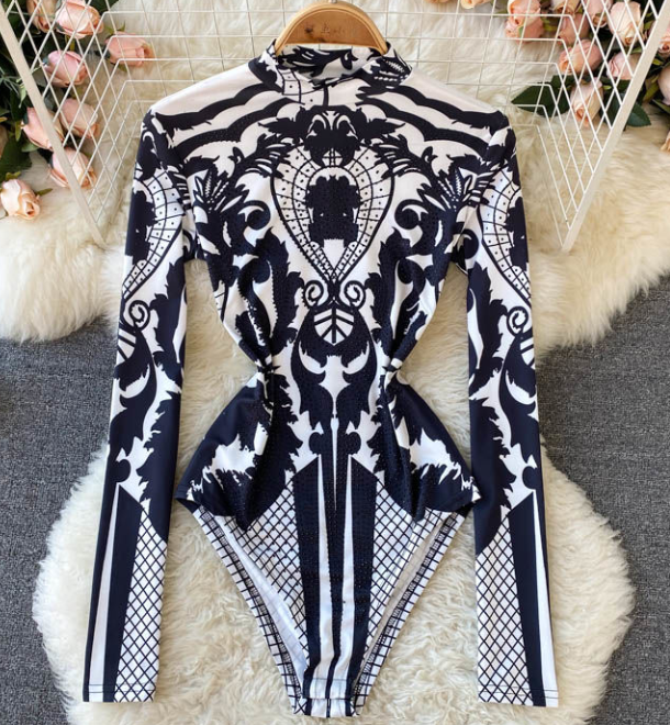 Printed autumn new design sense niche all-in-one blouse sexy self-cultivation stand-up collar bottoming bodysuit women