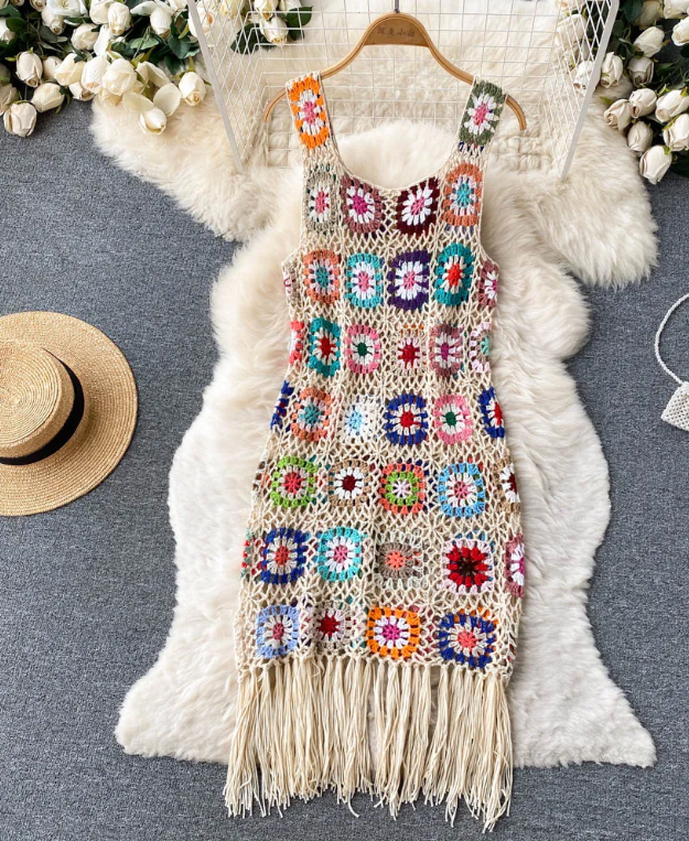 Amazing Hookflower Cut-out Tassel Vest Dress Summer Women's Small Loose Knit Skirt