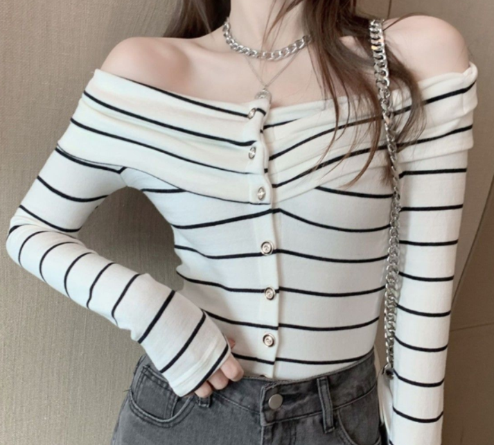 Off Shoulder Stripe Foreign Style Chic Top Bottom Blouse Women Wear Sweet Girl Long-sleeved T-shirt